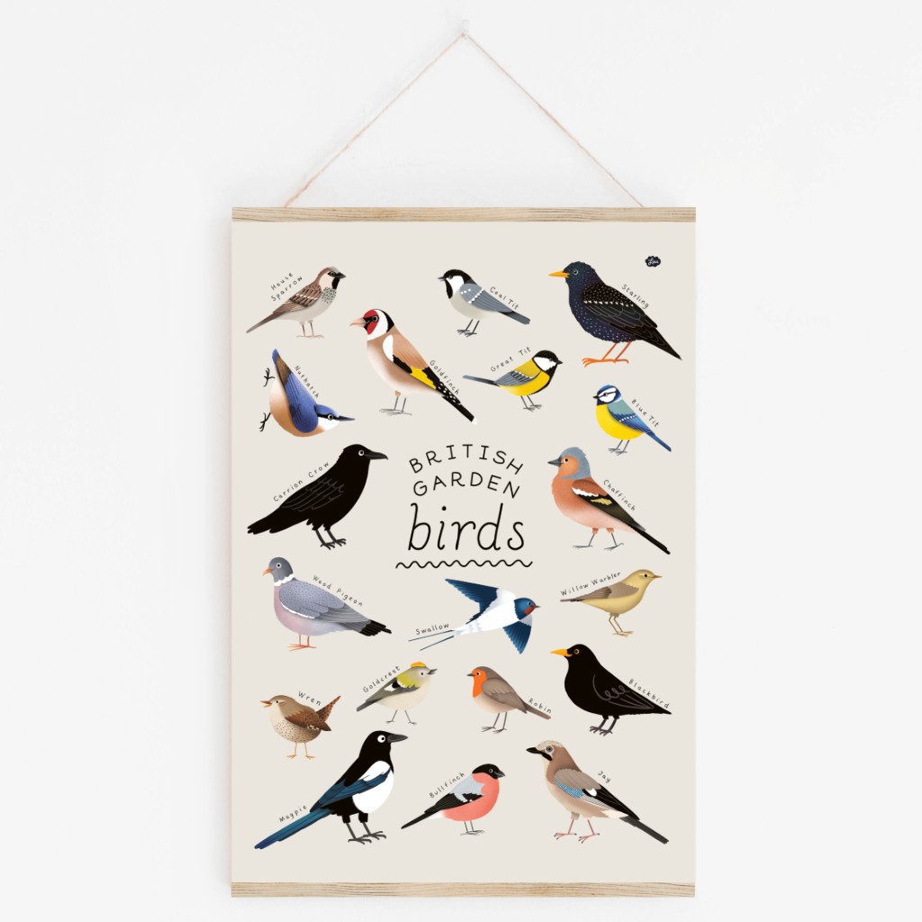Garden birds A3 art print in a portrait frame